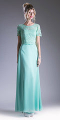 Mint green lace bodice A-line long dress with short sleeves