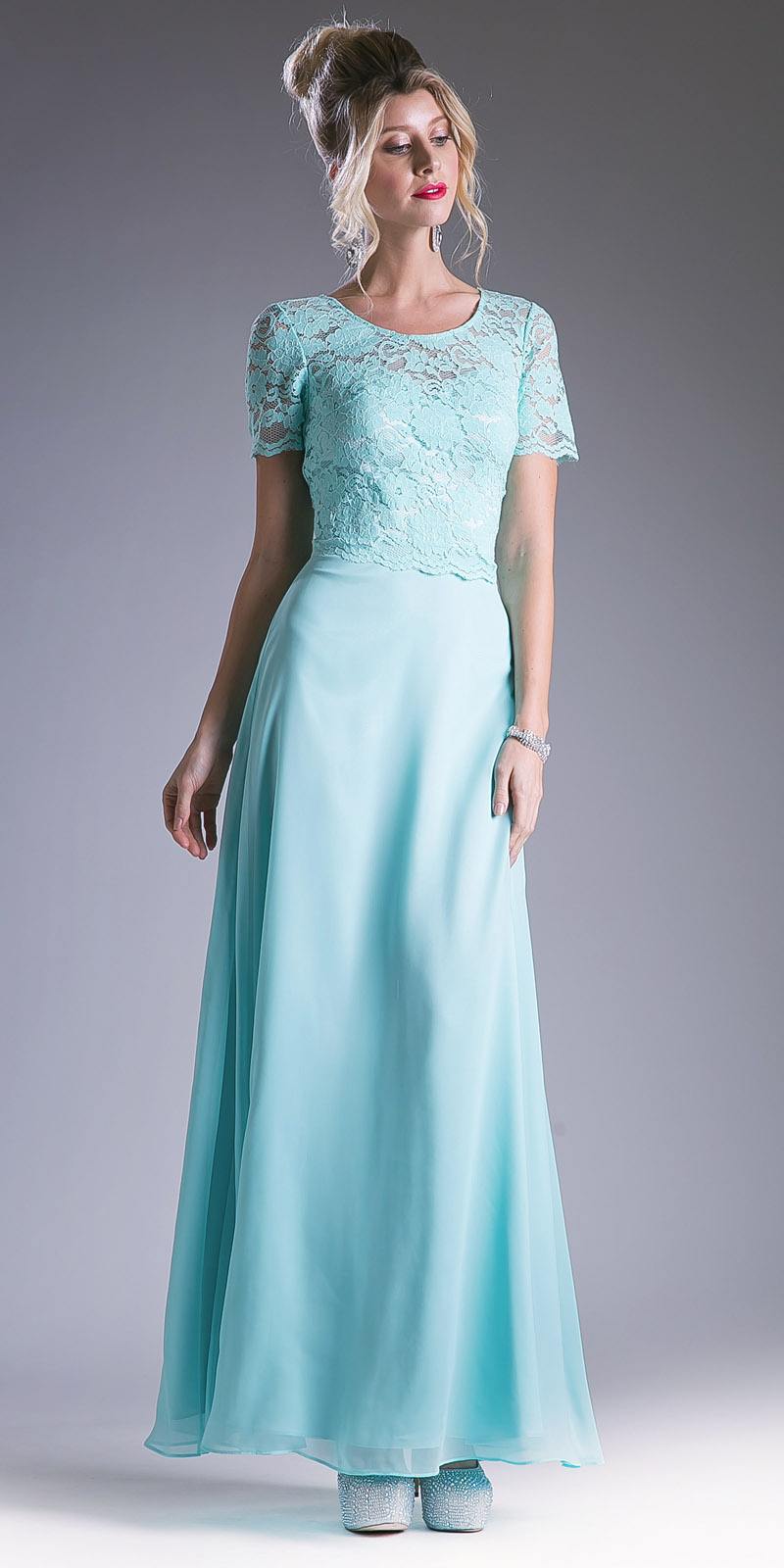 Mint green lace A-line long dress with short sleeves, fitted bodice