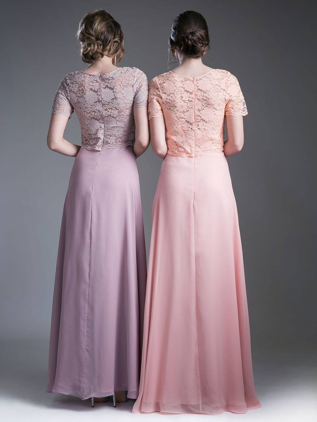 Back view long A-line lace bodice dresses in mauve and blush pink, short sleeves