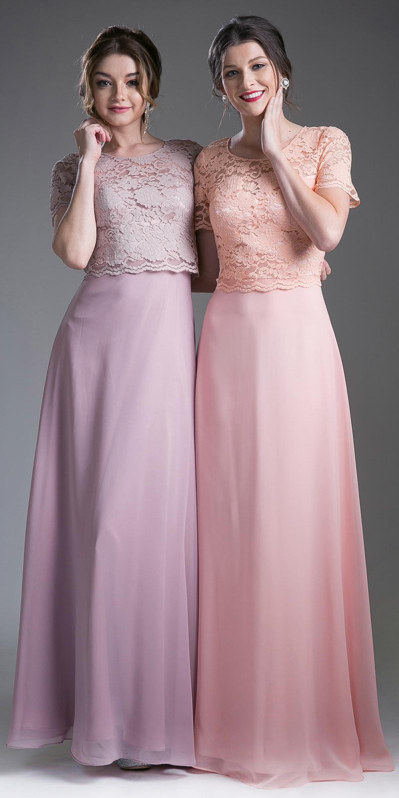 Long A-line lace bodice dresses: mauve and blush pink, short sleeves