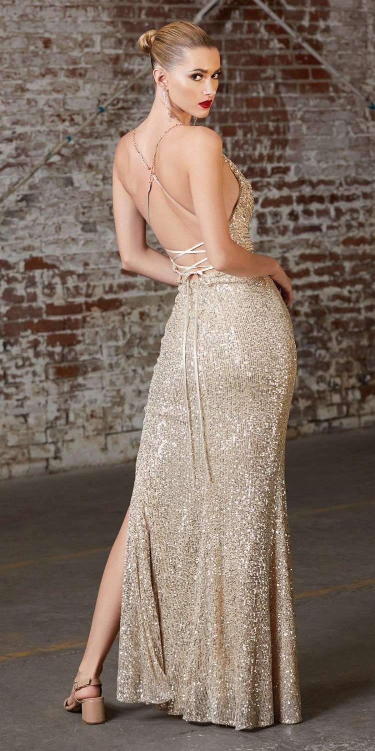 Champagne sequin long gown with V cowl neckline, open back straps, front slit
