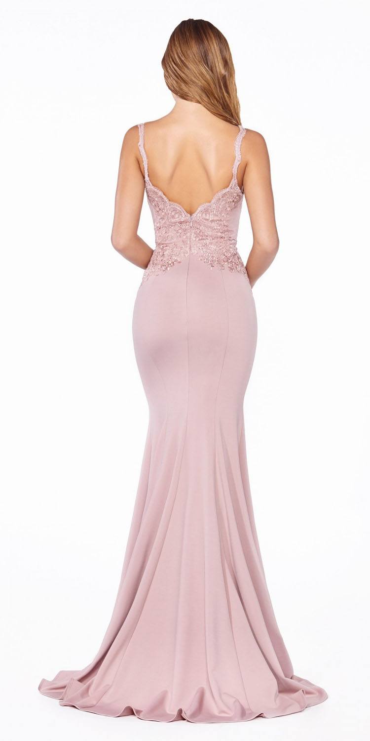 Dusty rose long fitted gown with lace straps and lace back detail, mermaid hem
