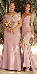 Dusty rose long fitted V-neck gown with lace bodice, off-shoulder sleeves, long slit