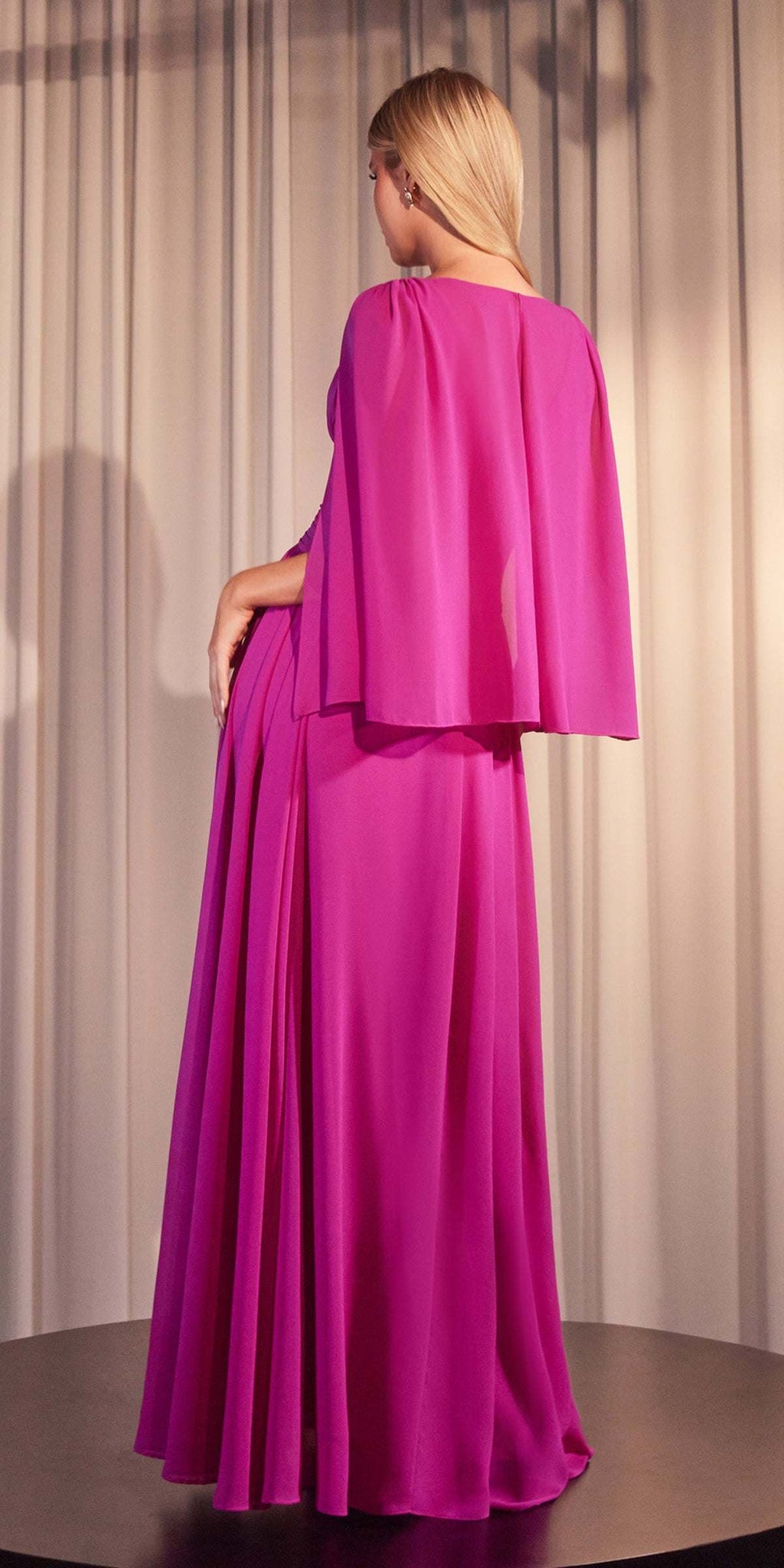 Chiffon A-line caplet dress, orchid back view with flowy cape sleeves
