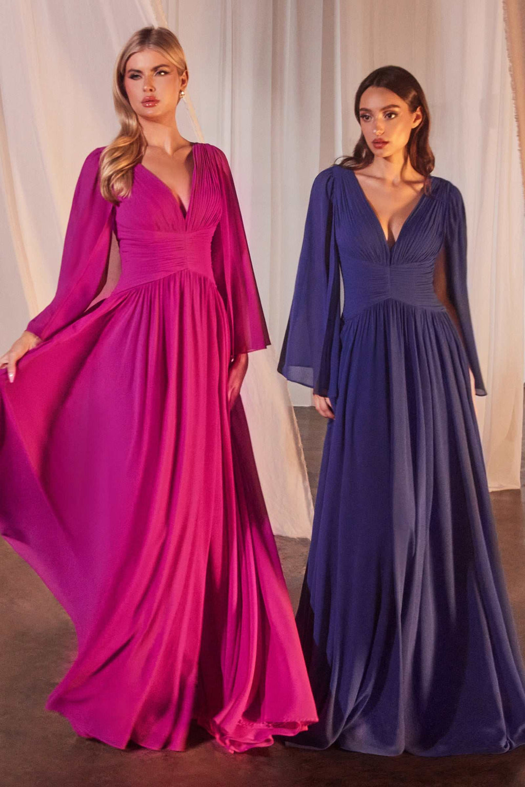 Chiffon A-line caplet dress, orchid V-neck with pleated skirt and side slit