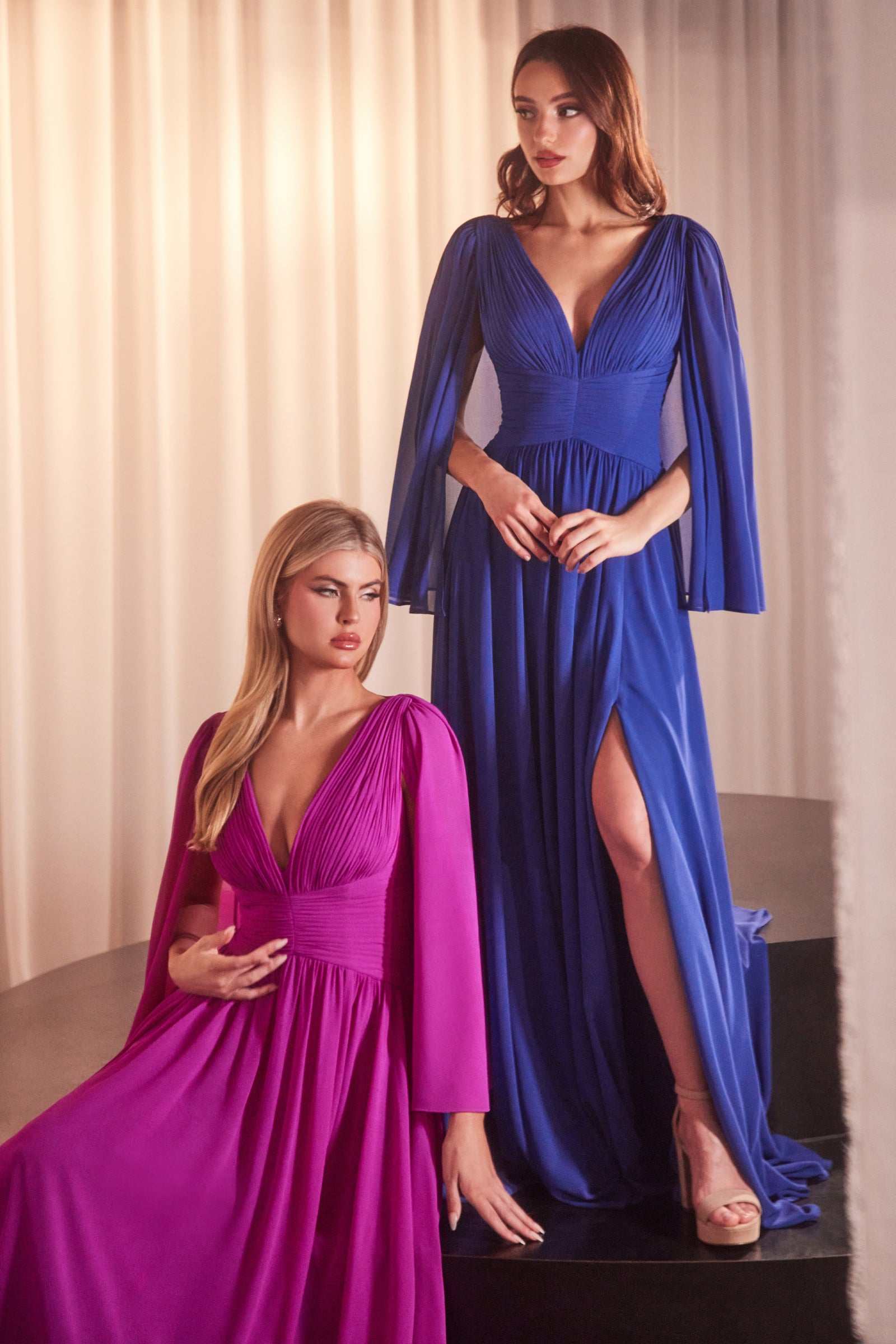 Chiffon A-line caplet dress, royal blue V-neck with draped caplet and thigh slit