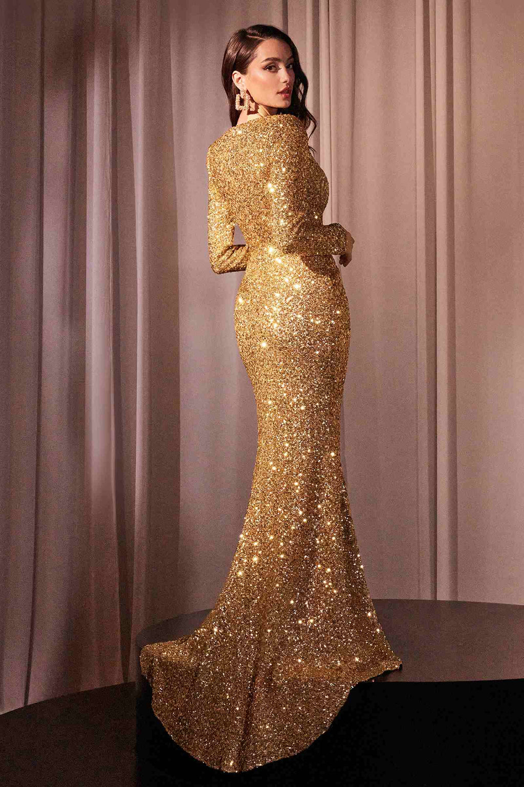 Gold long-sleeve sequin fitted dress with V-neck and high front slit