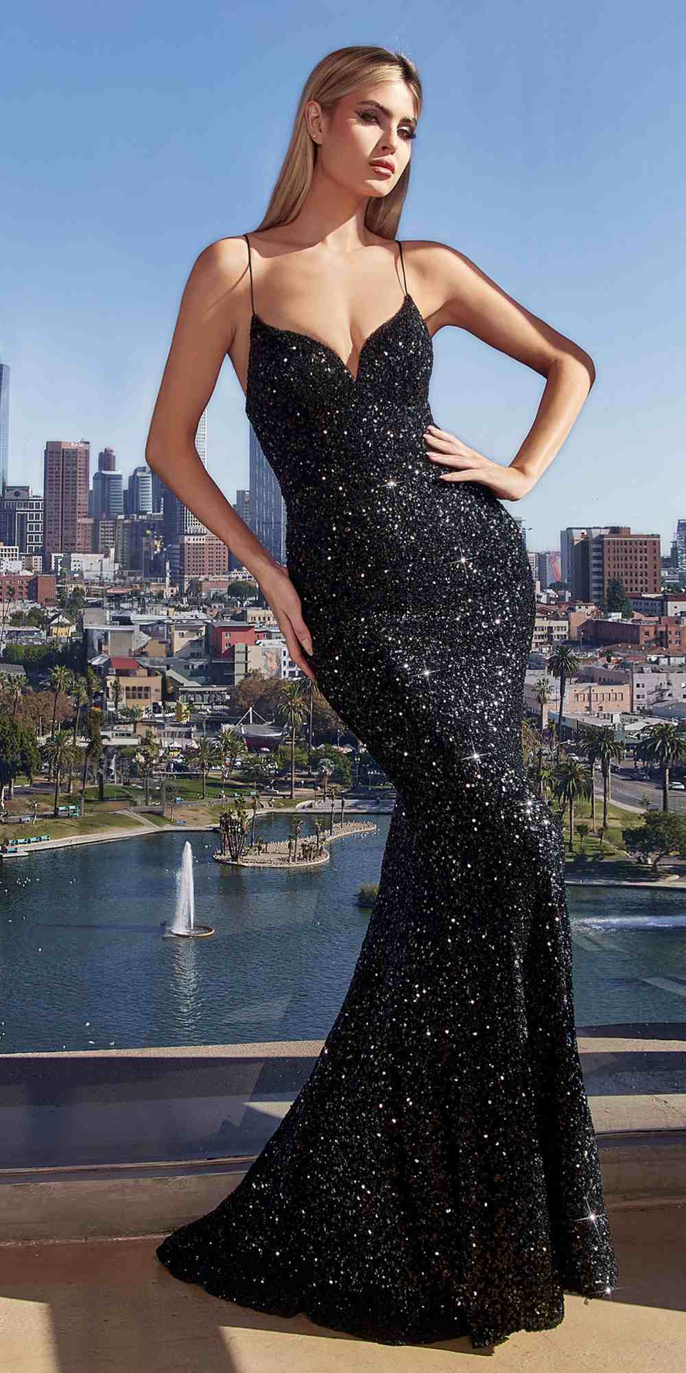 Black sequin mermaid gown, V-neck thin straps, fitted long evening dress