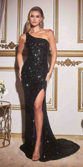 Black one-shoulder sequin gown with long side slit and sparkle finish
