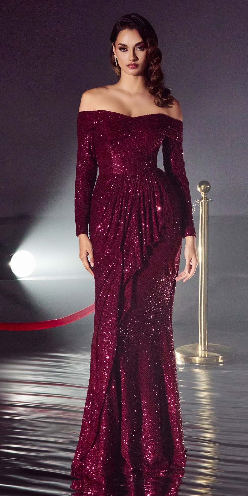 Burgundy sequin off-shoulder long sleeve gown with fitted mermaid silhouette