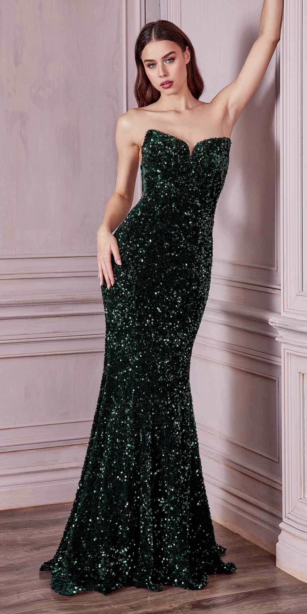 Dark green strapless sequin long fitted gown with sweetheart neckline