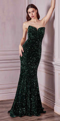 Dark green strapless sequin long fitted gown with sweetheart neckline