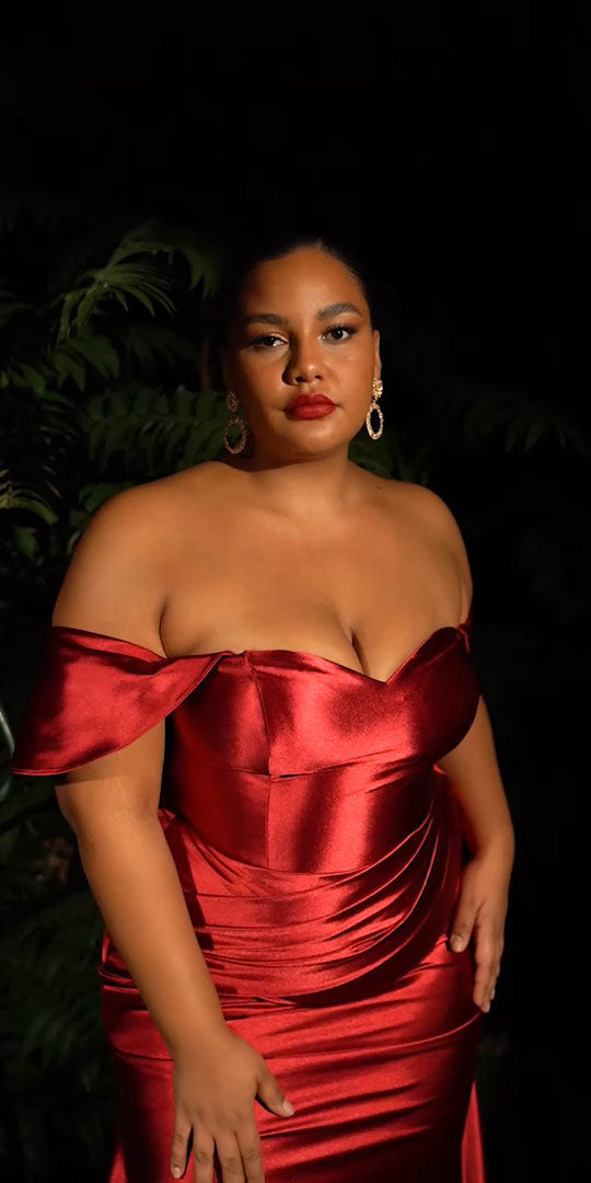 Off-shoulder satin fitted gown with sweetheart neckline, draped waist, mermaid silhouette