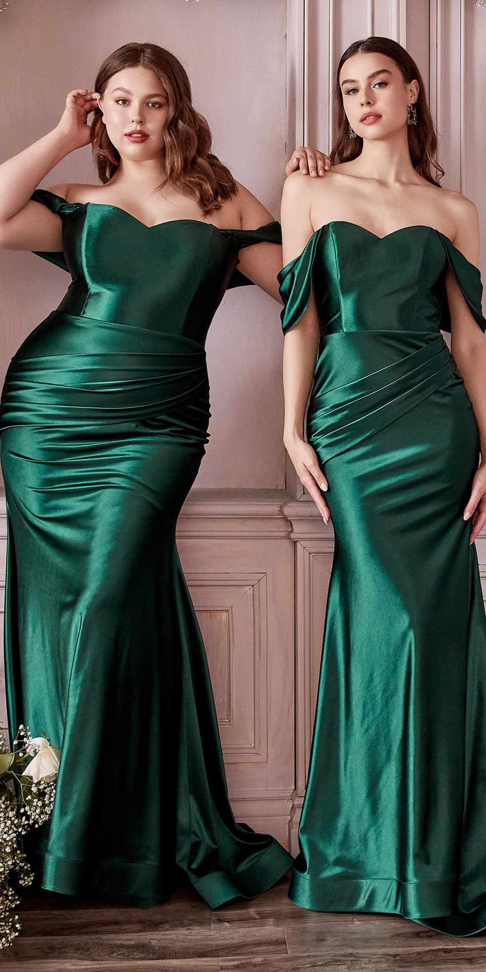 Green satin off-shoulder fitted gown with sweetheart neckline and draped skirt