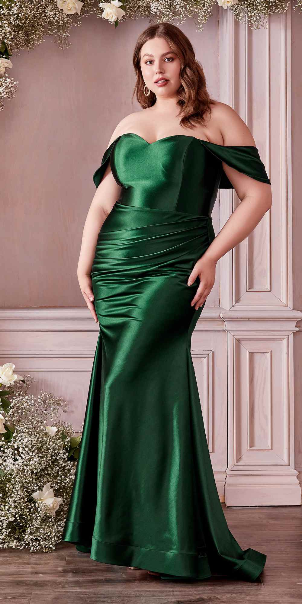 Forest green satin off-shoulder fitted gown with sweetheart neckline and ruched waist