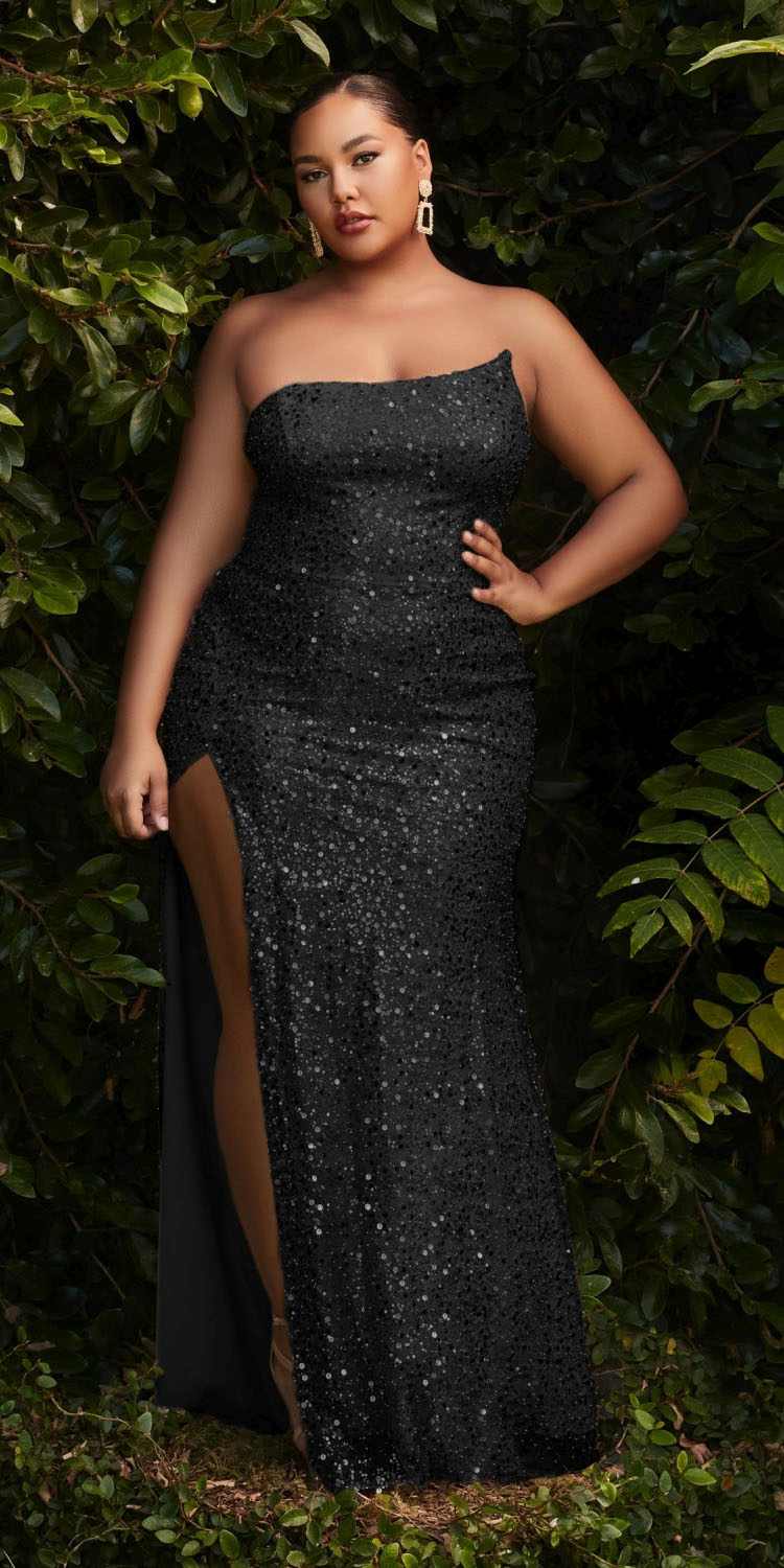 Dark sequin strapless fitted gown with side slit and sweetheart neckline