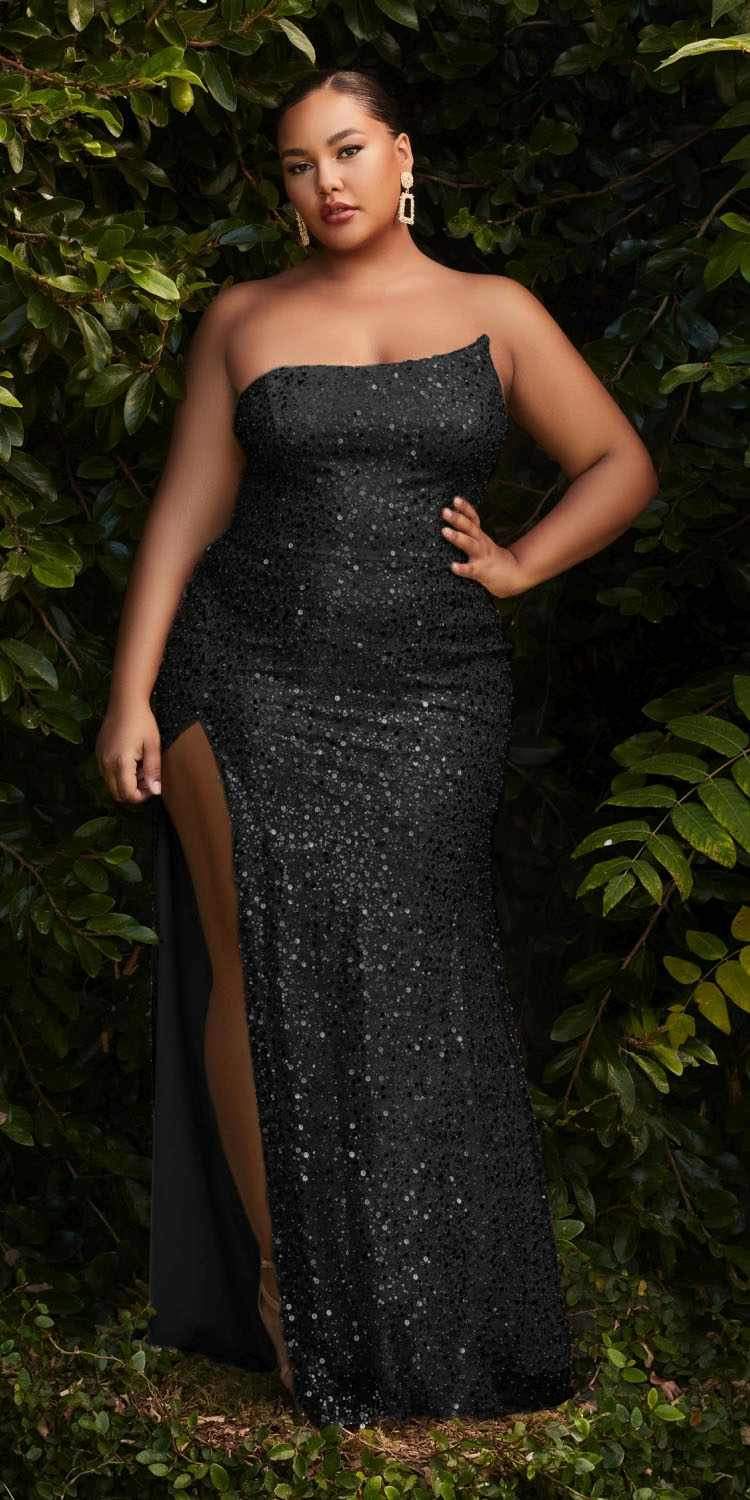 Dark sequin strapless fitted gown with asymmetrical neckline and side slit