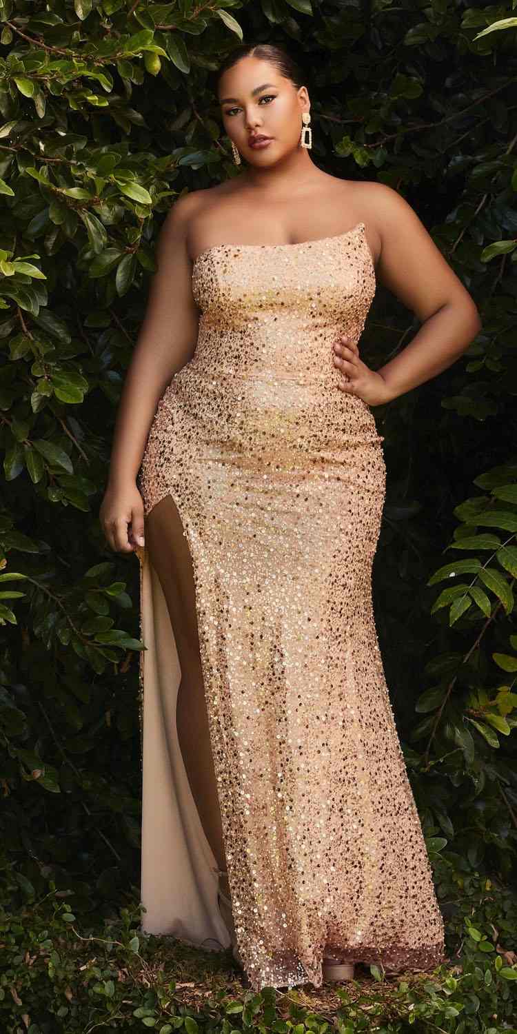 Champagne gold sequin strapless fitted gown with vertical texture and thigh slit