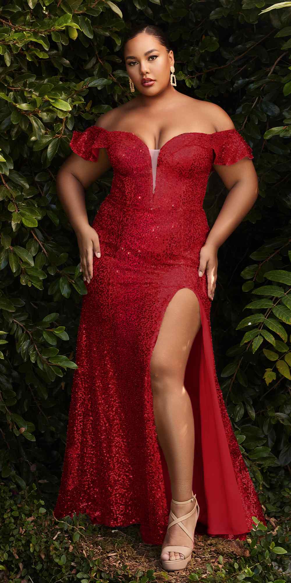 Long off-shoulder sequin dress in red with sweetheart neckline and thigh-high slit