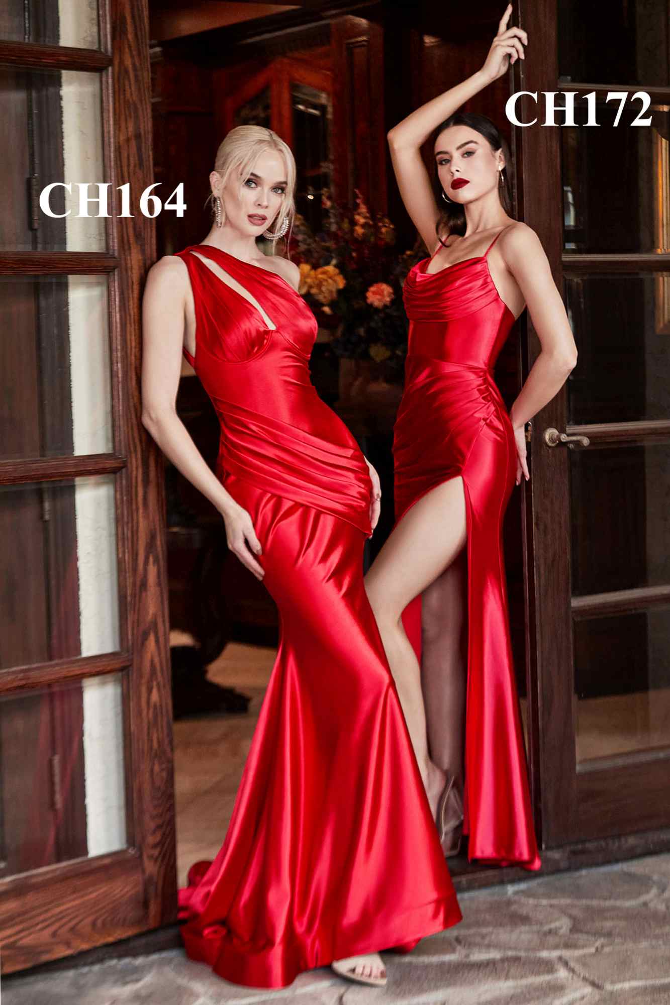 Red satin long gown with cowl neckline, draped waist, and side slit