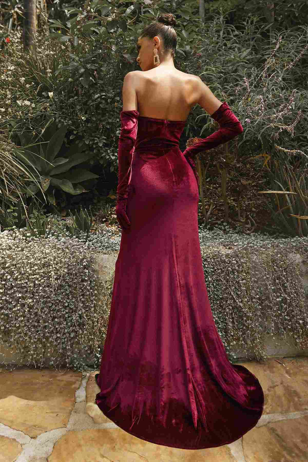Cinderella Divine vintage velvet strapless fitted gown in burgundy, back view with slit