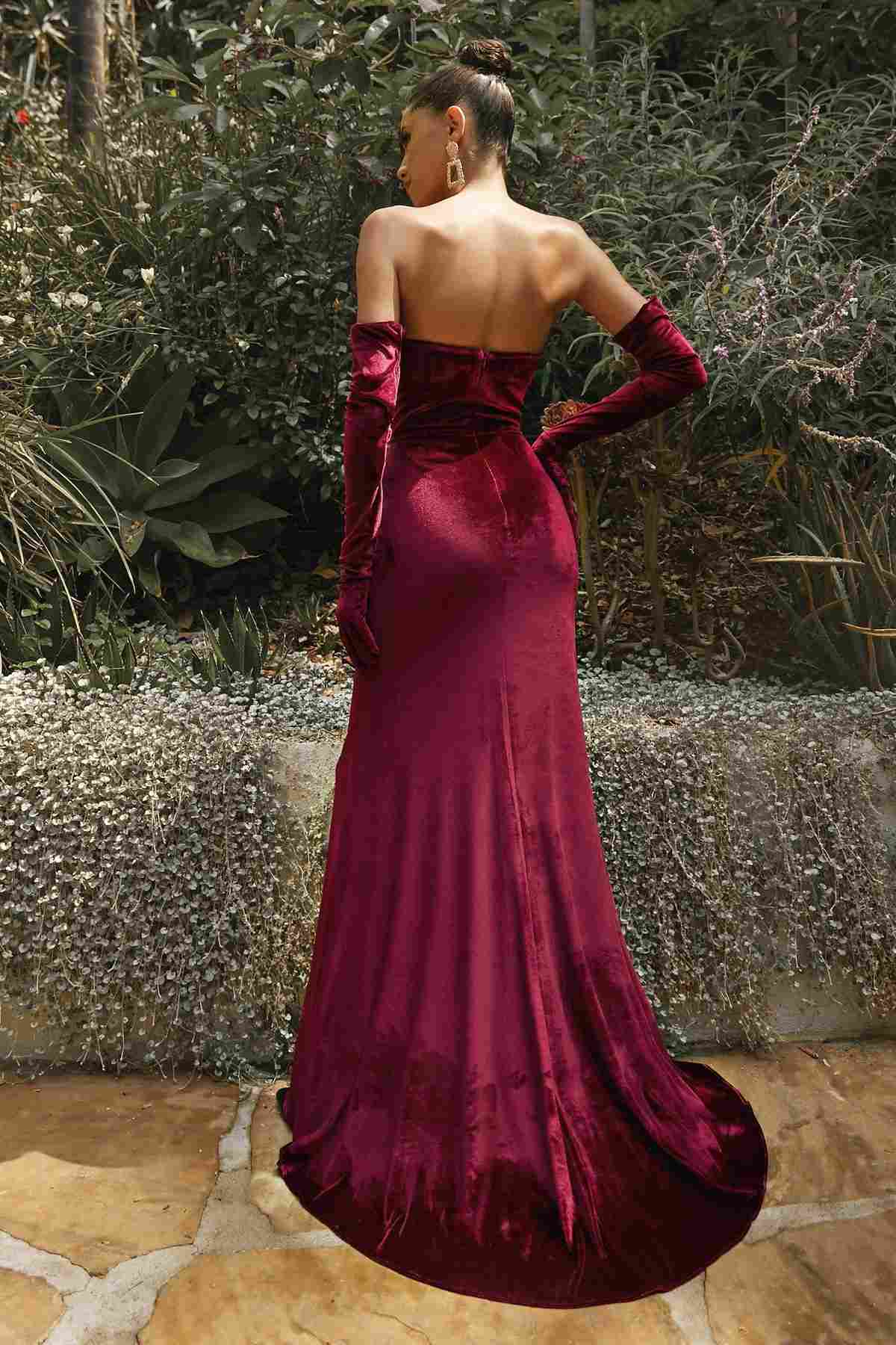 Cinderella Divine vintage velvet strapless fitted gown in burgundy, back view with slit
