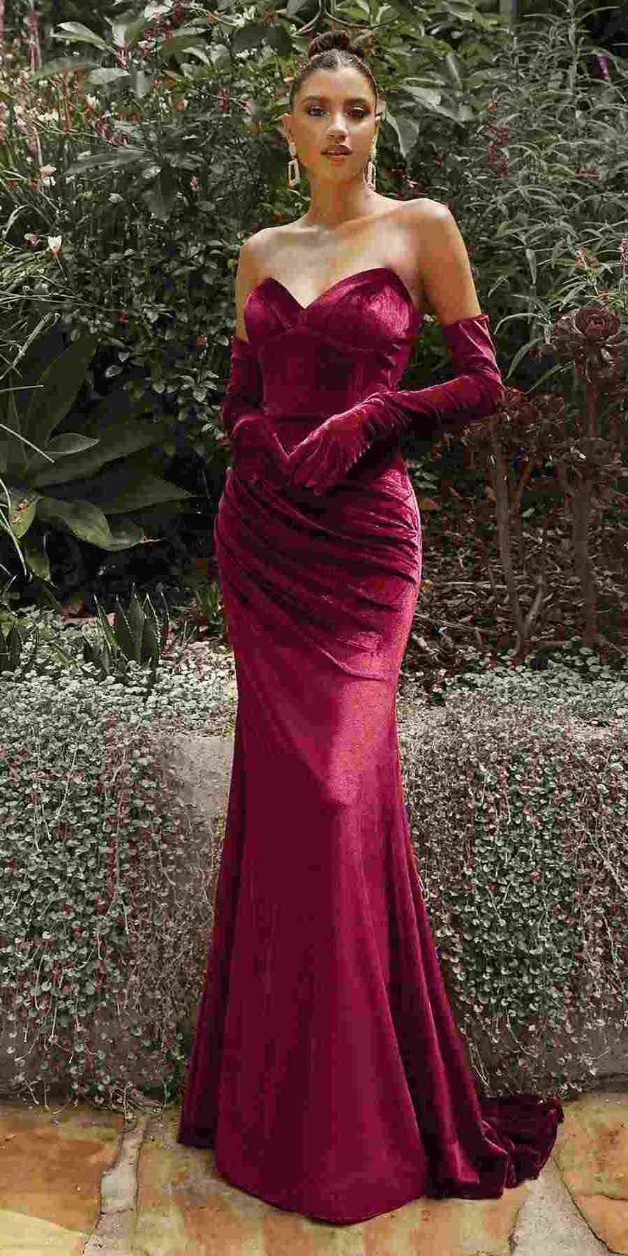 Cinderella Divine velvet strapless fitted gown in burgundy with sweetheart neckline and slit