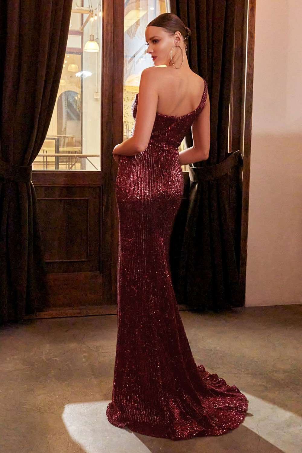 Burgundy sequined one-shoulder column gown, open back, front thigh slit