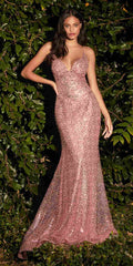 Blush pink sequined fitted formal gown with V-neck and fitted mermaid skirt