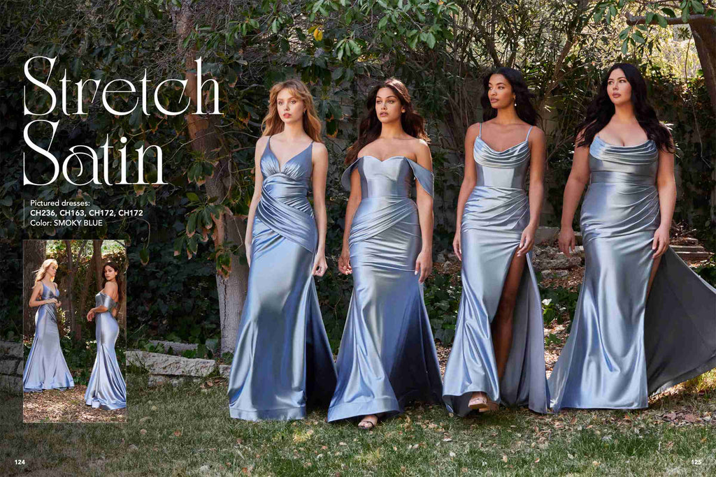 Powder blue satin long gown with draped cowl neckline and high side slit