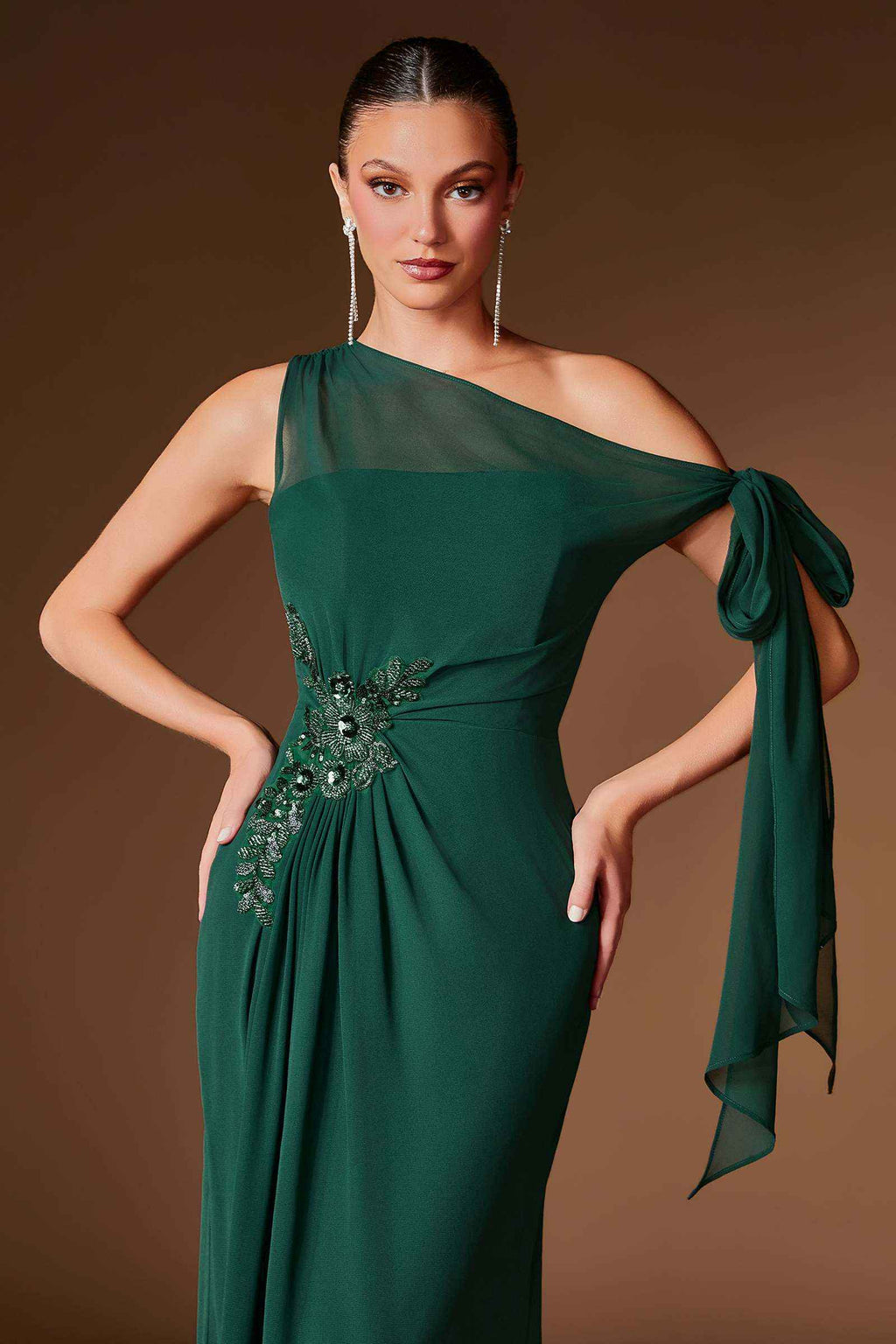 Ladivine CH2612 One Shoulder Fitted Flowing Chiffon Formal Gown