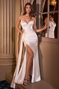 Off-white satin bridal gown, fitted with pointed V-neck and high front slit