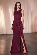 Long fitted neoprene dress, sleeveless burgundy with side ruffle detail and front slit