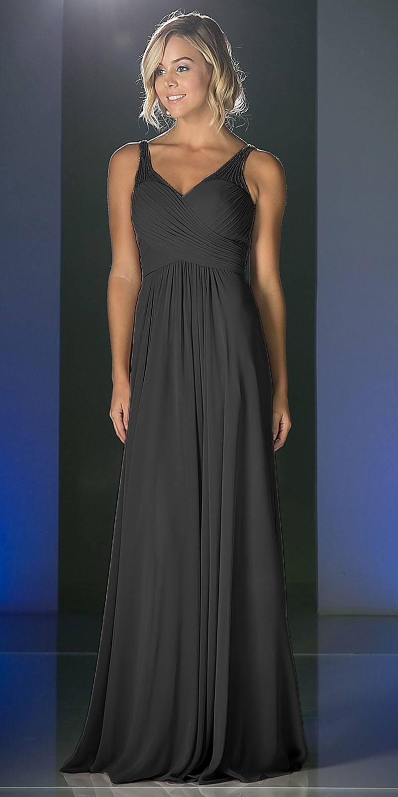 Black chiffon long dress with V-neck, pleated bodice, and gathered waist
