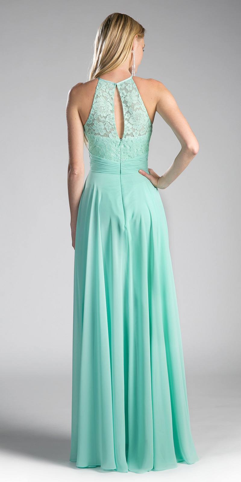 Mint halter long dress with lace back panel and keyhole strap detail, full skirt