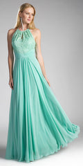 Mint halter lace long dress with keyhole neckline and gathered bodice, full skirt