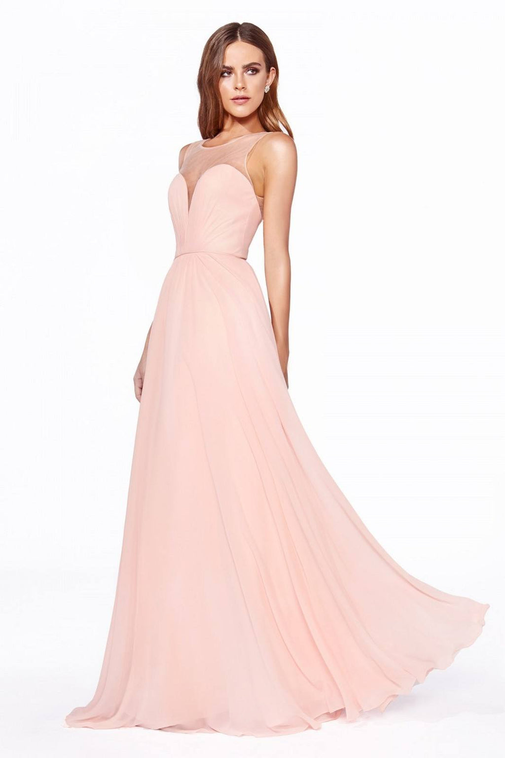 Light peach chiffon A-line dress with illusion sweetheart neckline, sleeveless