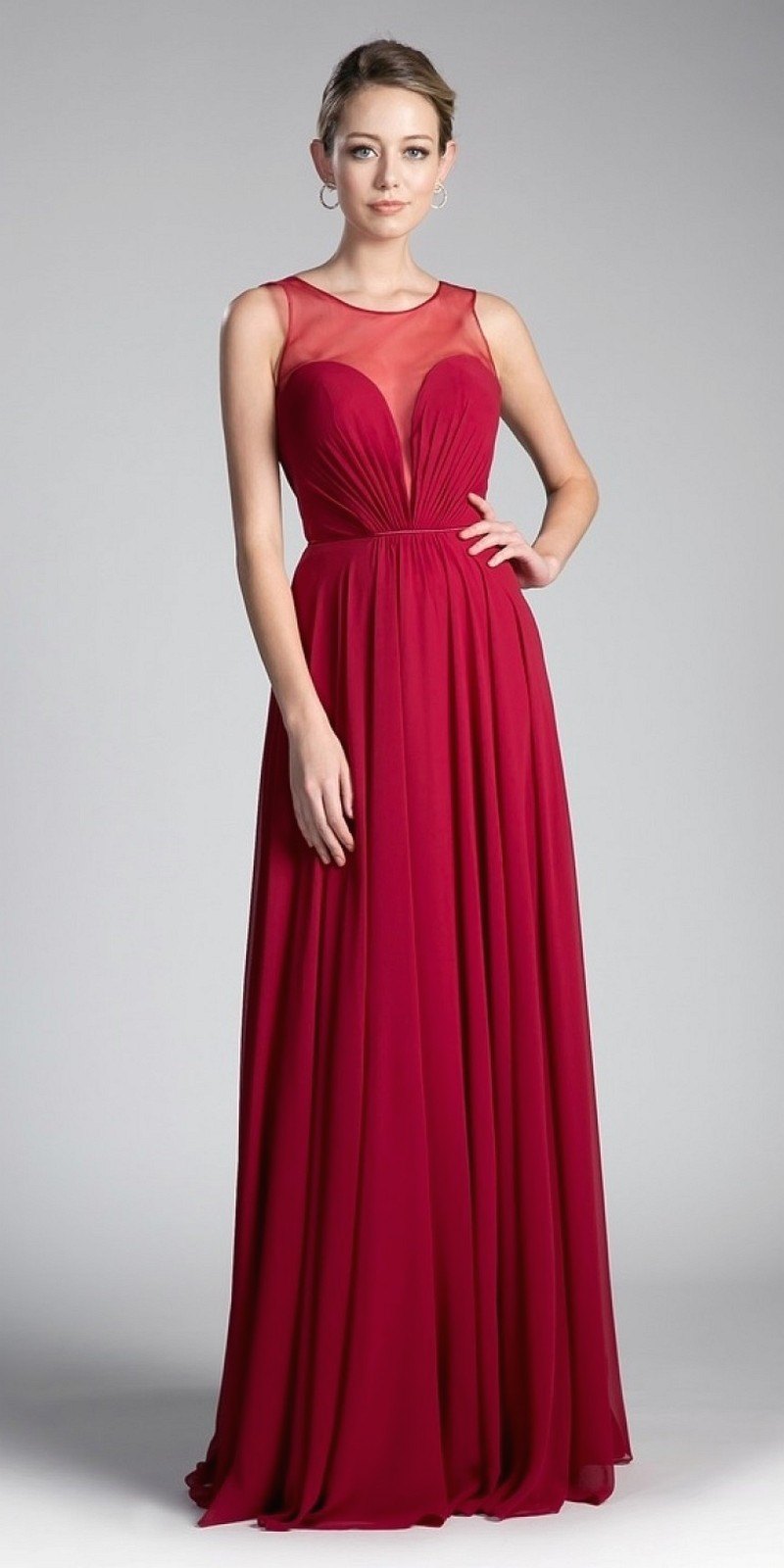 Red chiffon A-line dress with illusion sweetheart neckline, sleeveless