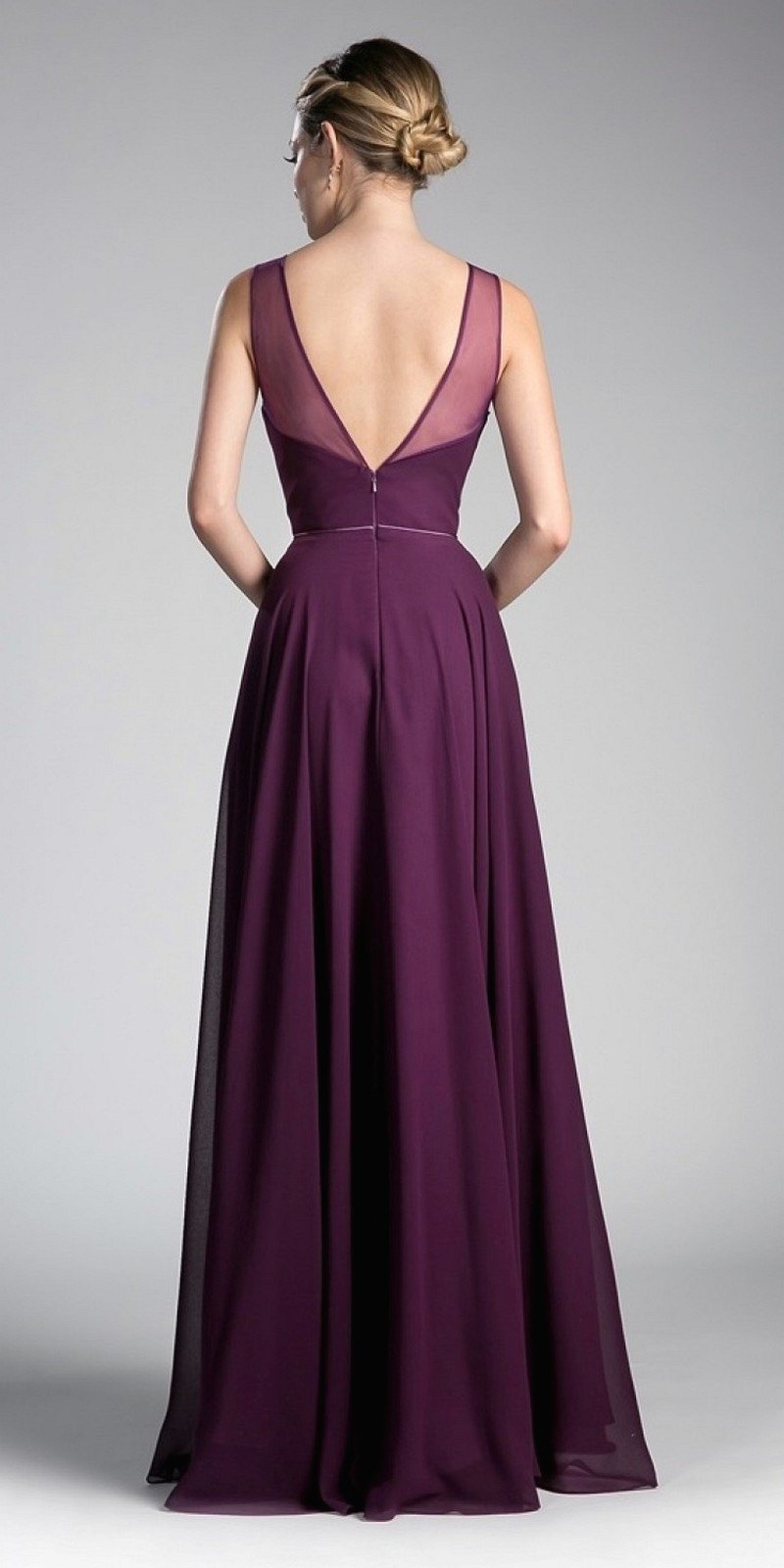Burgundy chiffon A-line dress with open scoop back and illusion detail, sleeveless