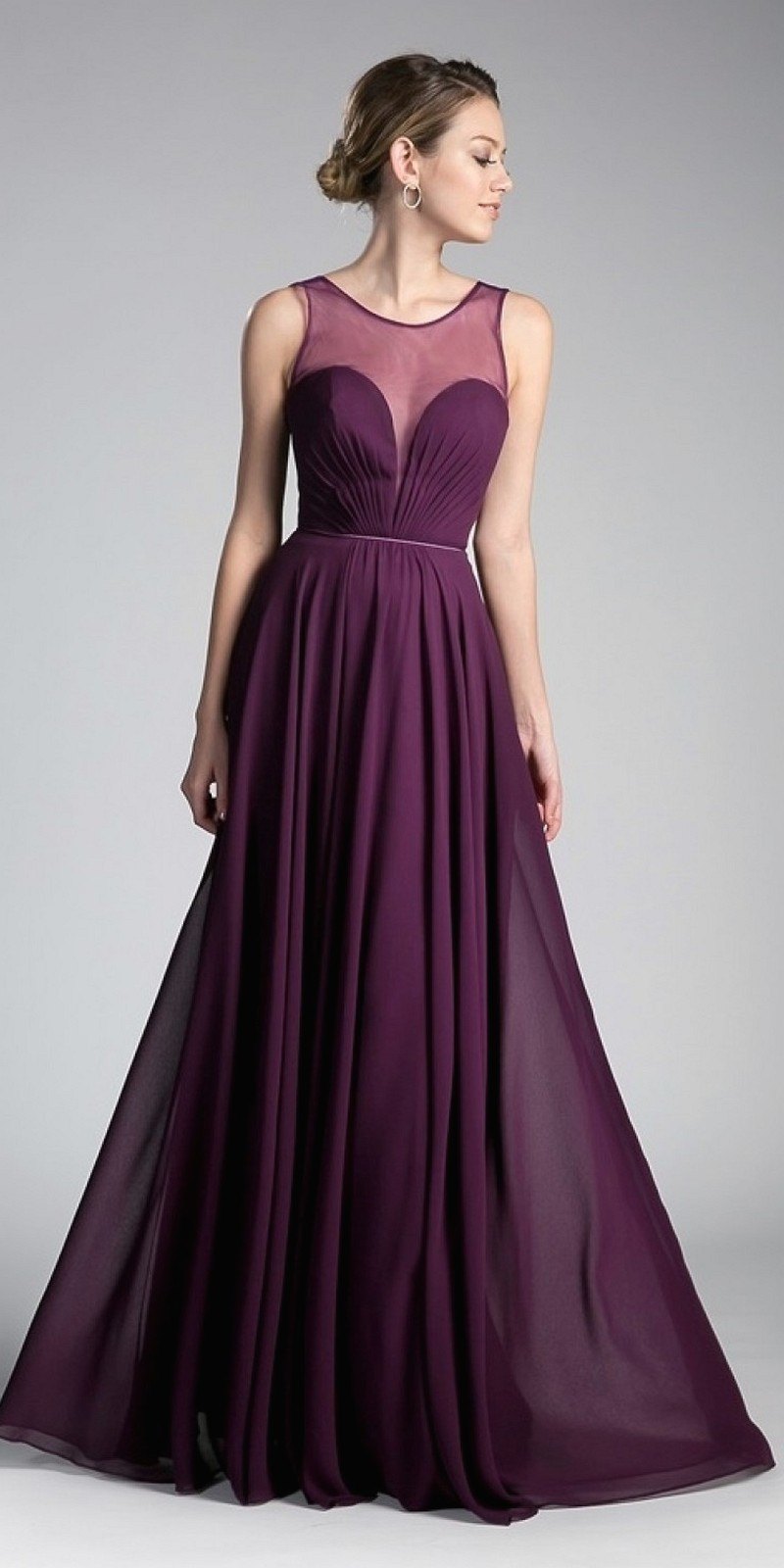 Burgundy chiffon A-line dress with illusion sweetheart neckline, sleeveless