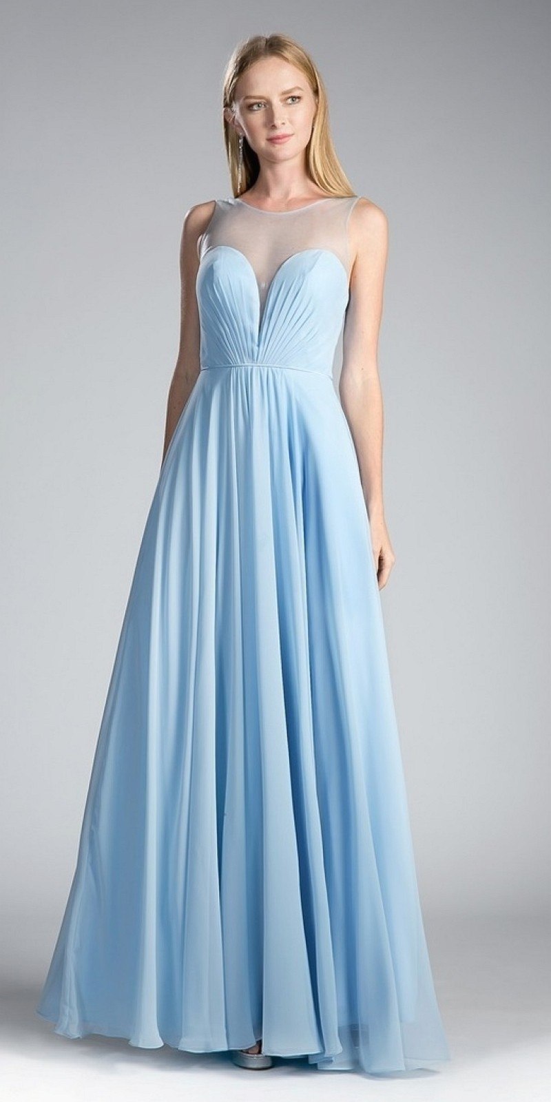 Light blue chiffon A-line dress with illusion sweetheart neckline, sleeveless