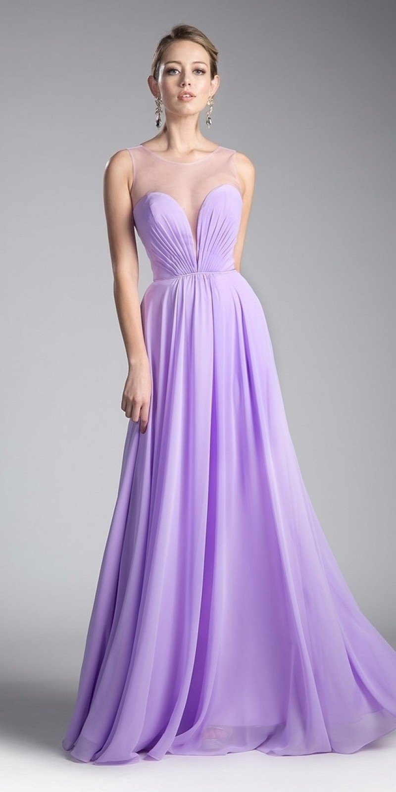 Lavender chiffon A-line dress with illusion sweetheart neckline, sleeveless