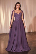 Dusty lavender pleated A-line gown with jeweled sweetheart bodice and cape sleeves
