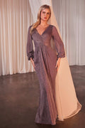 Violet long-sleeve draped sheath dress with V-neck and gathered waist, sparkle fabric