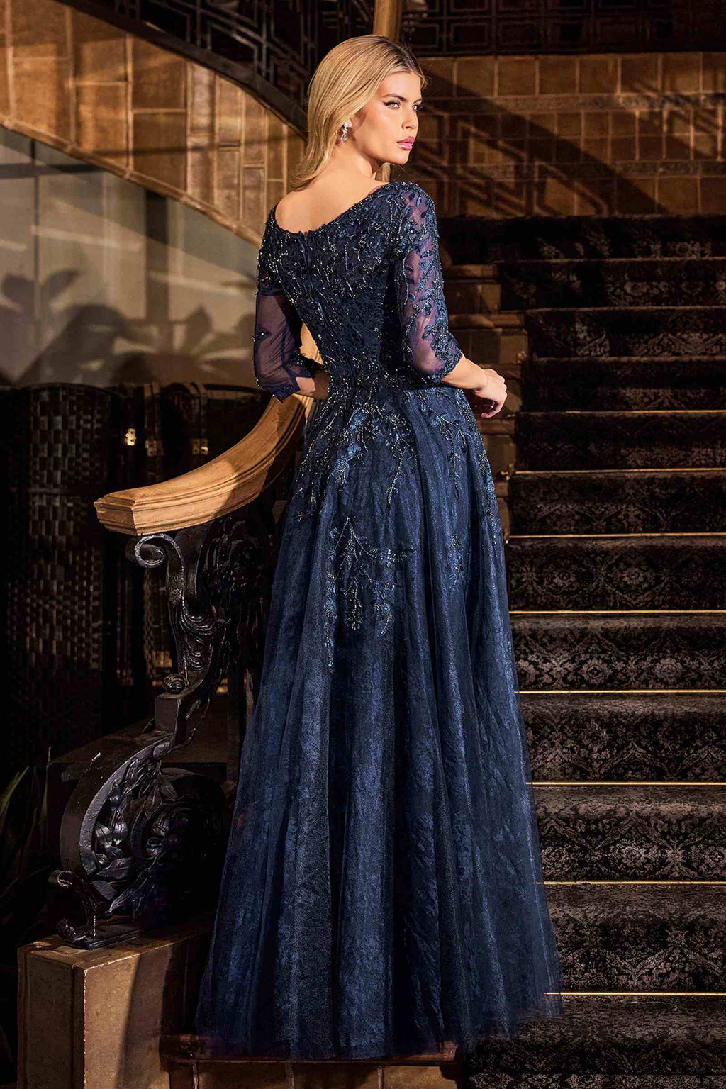 Navy blue A-line lace and tulle modest gown, lace 3/4 sleeves, full tiered skirt