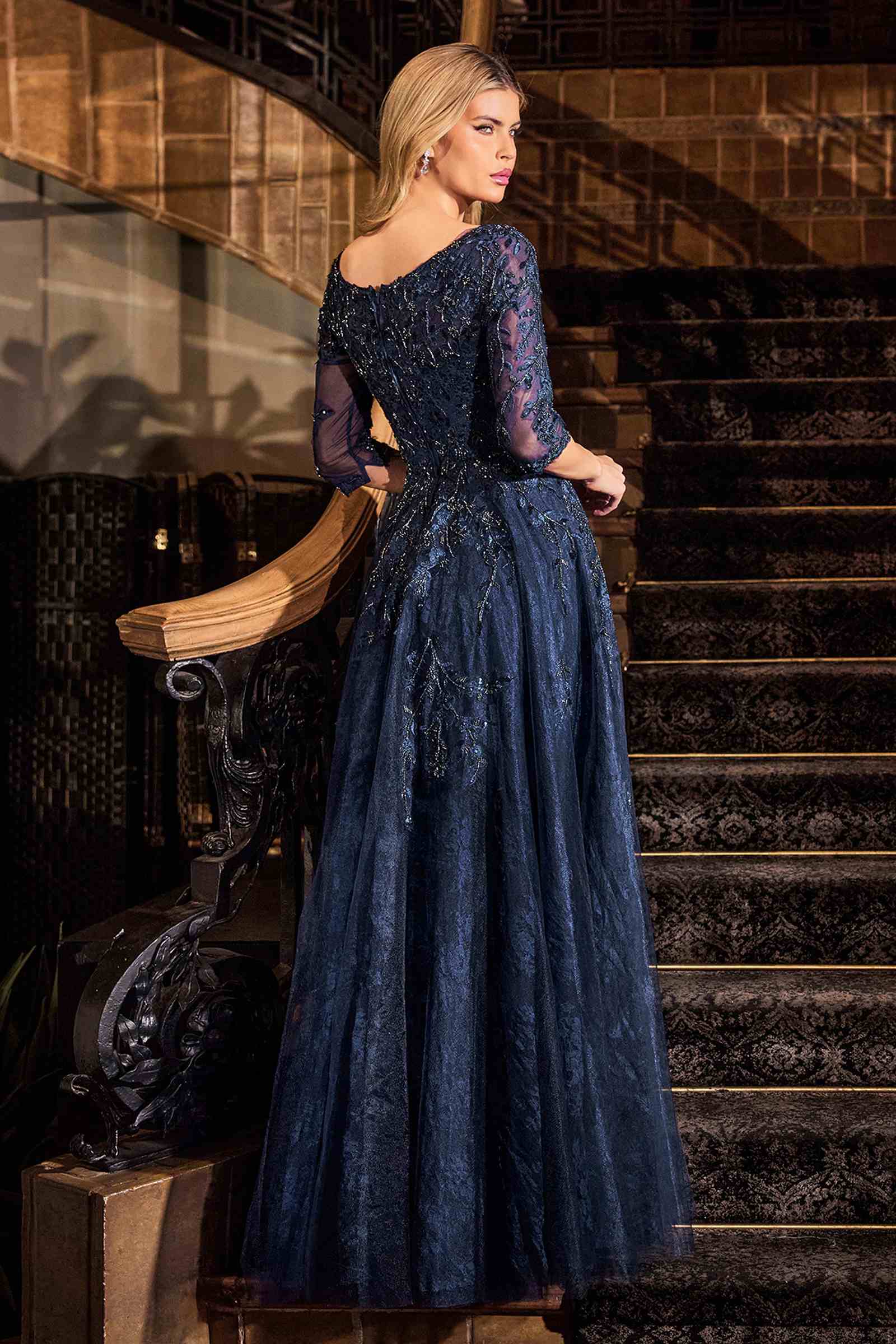 Navy blue A-line lace and tulle modest gown, lace 3/4 sleeves, full tiered skirt