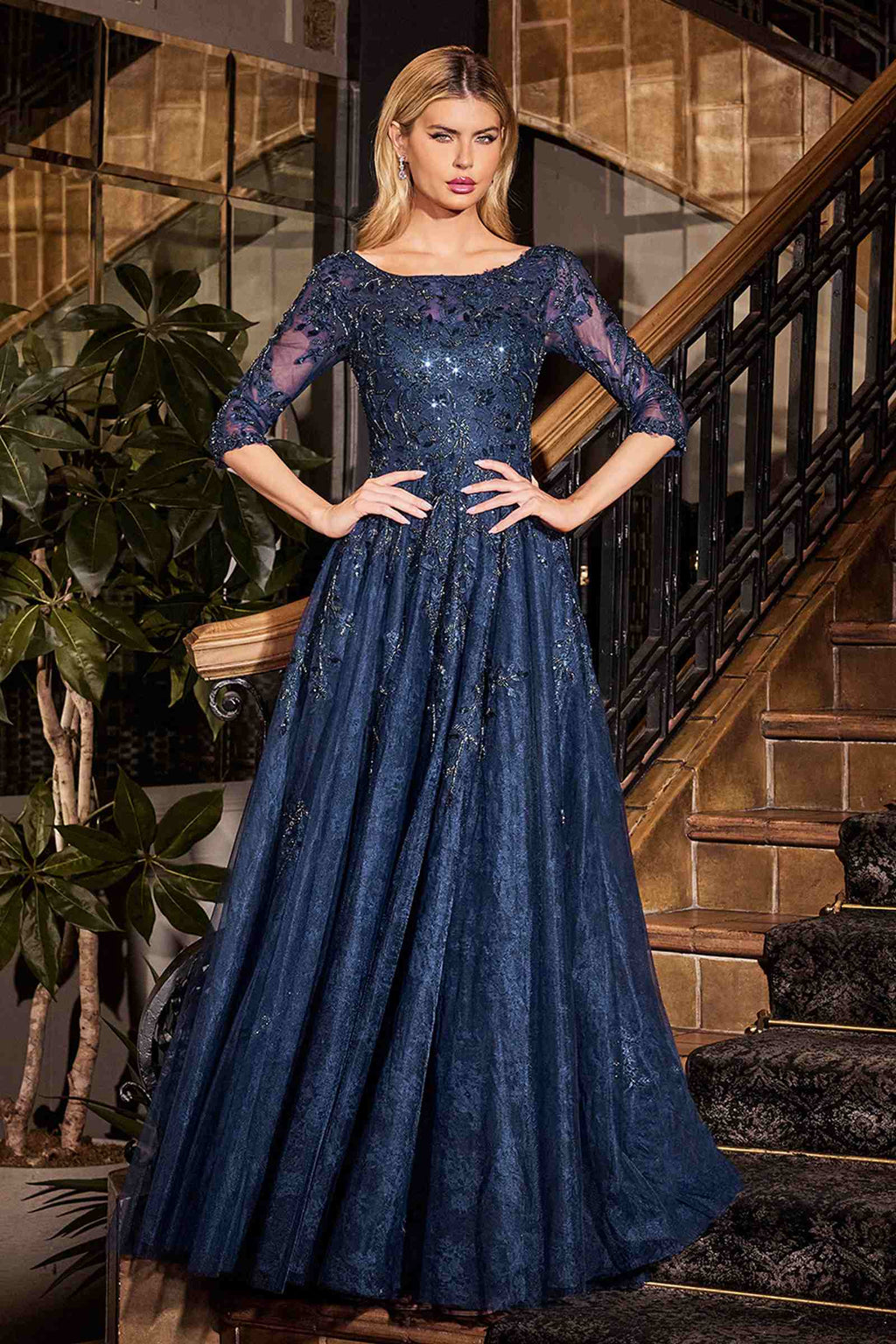Navy blue A-line lace and tulle modest gown, illusion lace bodice, 3/4 sleeves