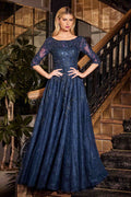 Navy blue A-line lace and tulle modest gown, illusion lace bodice, 3/4 sleeves