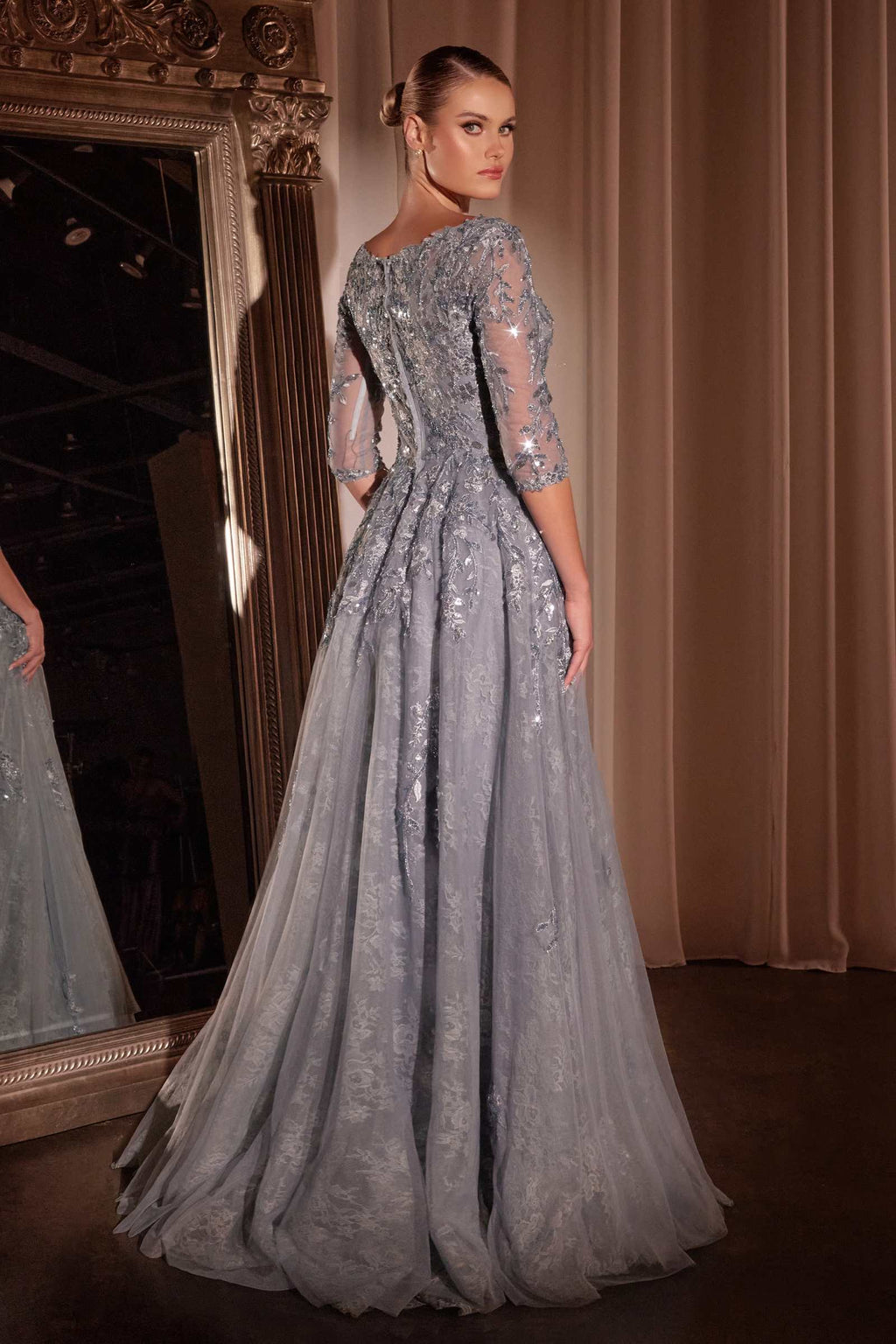 Smokey blue A-line lace and tulle modest gown, beaded lace bodice, flowing tulle skirt