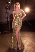 Gold sequin fitted mosaic dress with scoop neckline and side slit